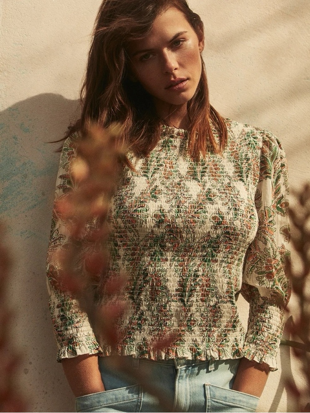 Veronica Beard Kali Floral Smocked Top in Stone Multicolor Size 2